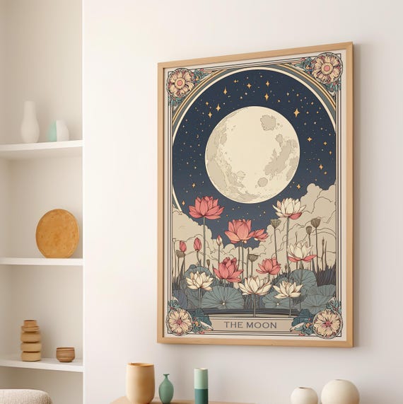 The Moon Tarot Card Wall Art Poster Or Canvas Print Celestial Floral Boho Mystical Decor Vintage Astrology