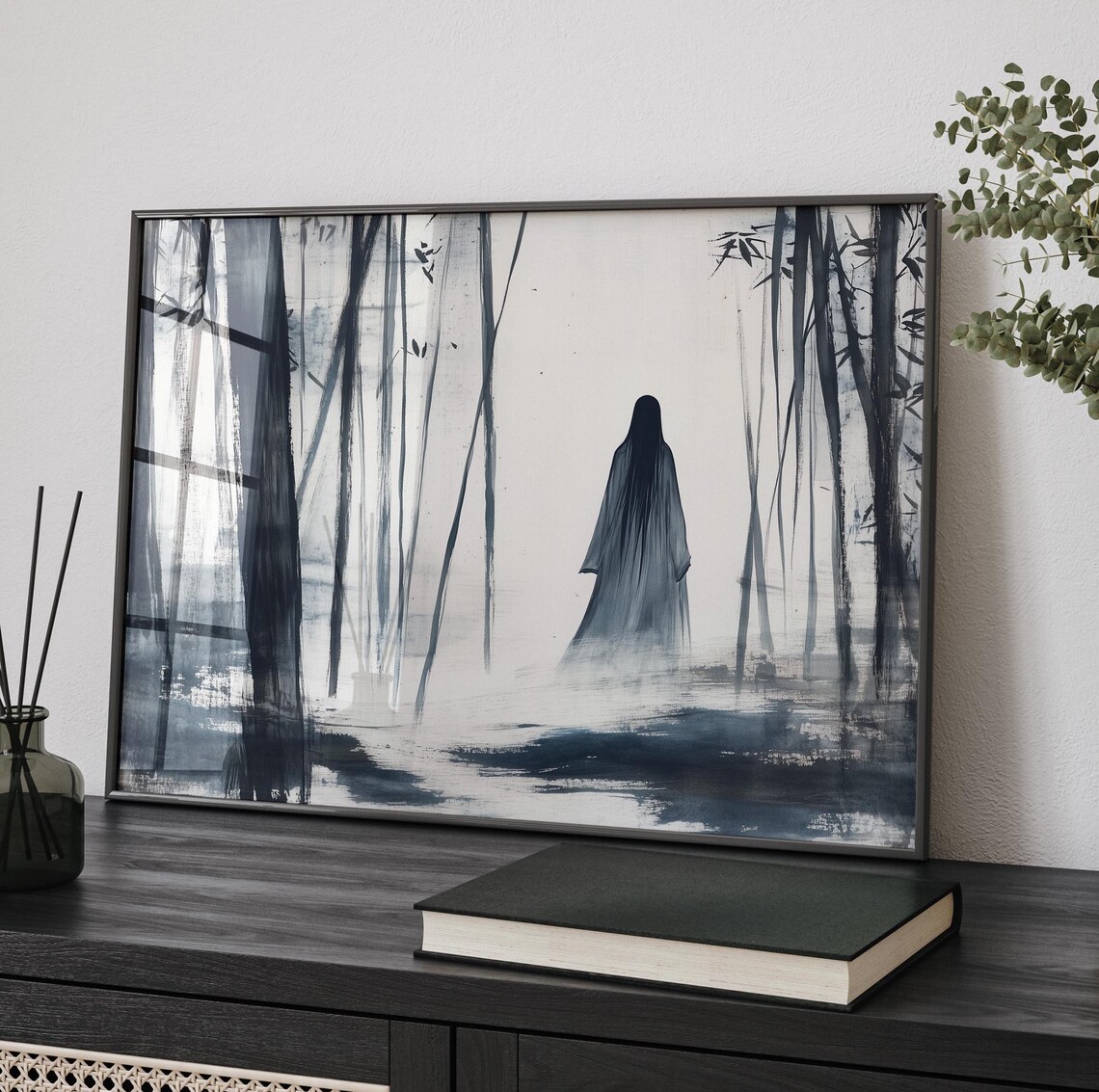 Yurei Ghost in Bamboo Forest Minimalist Japanese Ink Wash Poster