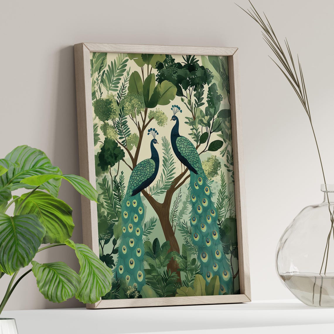 Two Peacocks In Lush Emerald Forest Botanical Illustration Poster