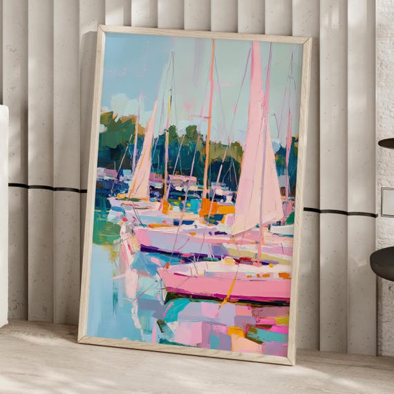 Pink Sailboats At The Marina Port Abstract Painting Poster Or Canvas Print Coastal Seascape Sailboat In Harbor Nautical Wall Art