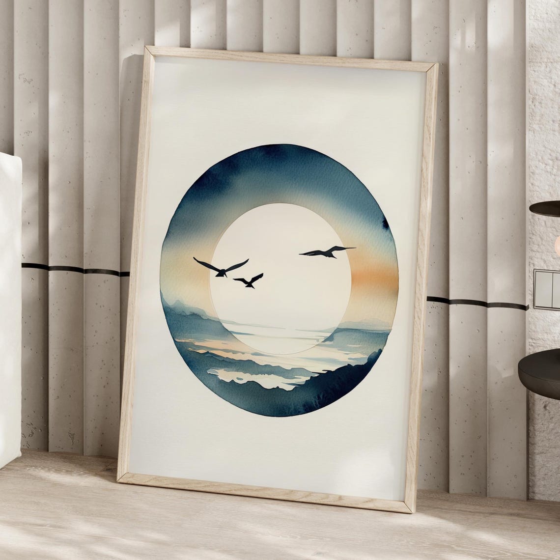 Japandi Enso Circle Ocean Waves With Birds Watercolor Art Poster