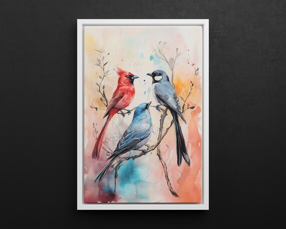 Watercolor Songbirds Cardinal And Bluebirds On Branch Poster