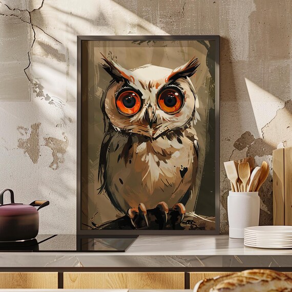 Cute Big Eyes Owl Painting Poster Or Canvas Print Moody Art Wildlife Bird Forest Animal Dark Portrait Lover Gift
