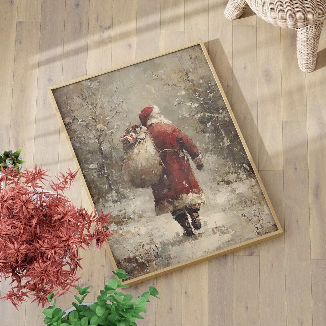Vintage Santa Claus Walking in Snowy Forest Christmas Holiday Poster