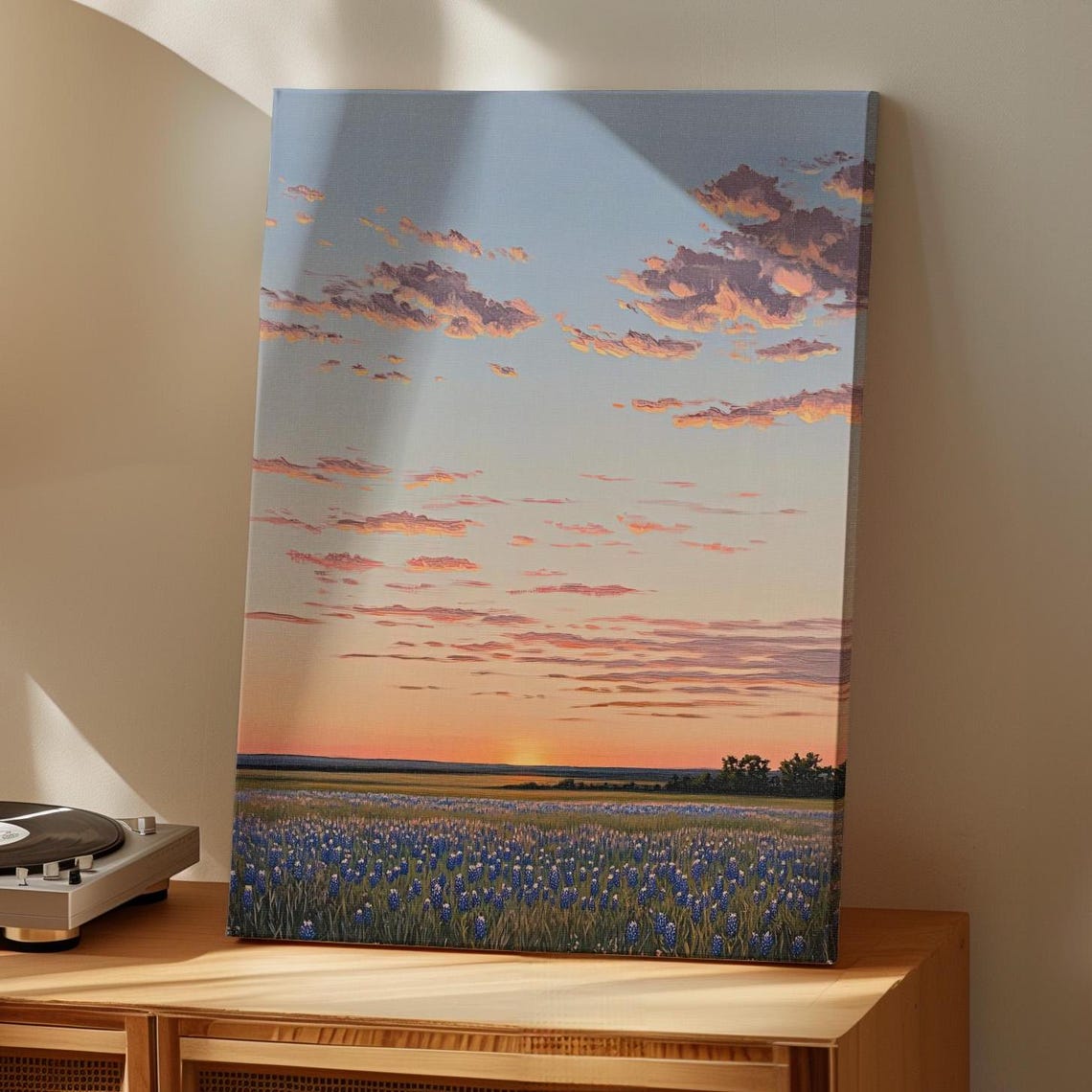 Sunset Over Bluebonnet Wildflower Field Peaceful Floral Art Poster