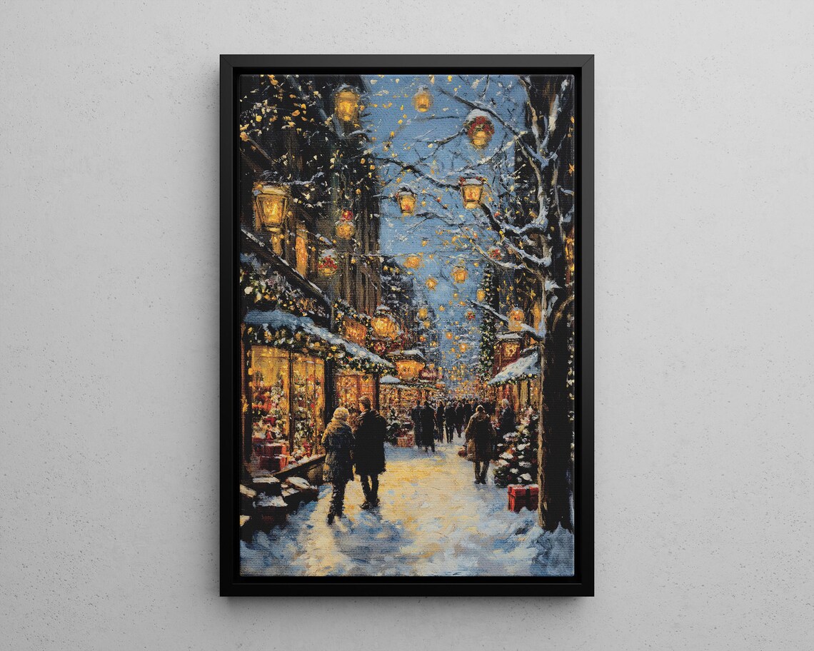Bustling Christmas Street Night Snowy Lights Shoppers Holiday Scene Poster