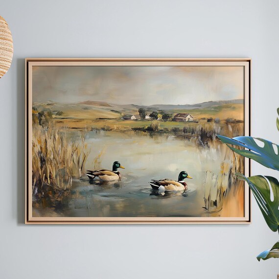 Mallard Ducks Swimming In A Lake Vintage Oil Painting Poster Or Canvas Print Duck Nursery Decor Rustic Farm Animal Countryside