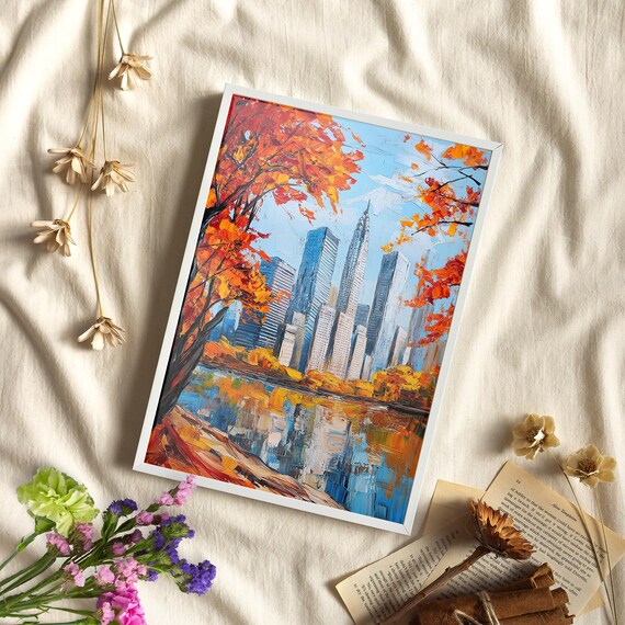 New York City Autumn Skyline Impasto Oil Painting City Poster