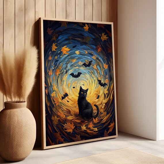Black Cat And Bats Un Autumn Swirls Fantasy Art Print Halloween Wall Decor Spiral Leaves Illustration Mystical Magical