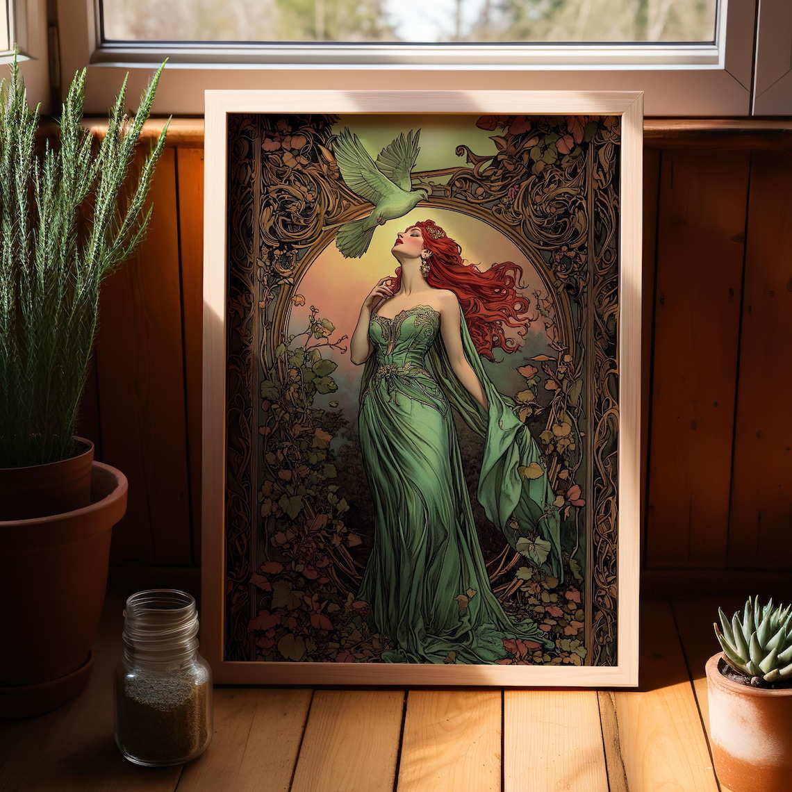 Art Nouveau Red Haired Woman With Dove Botanical Fantasy Art Poster