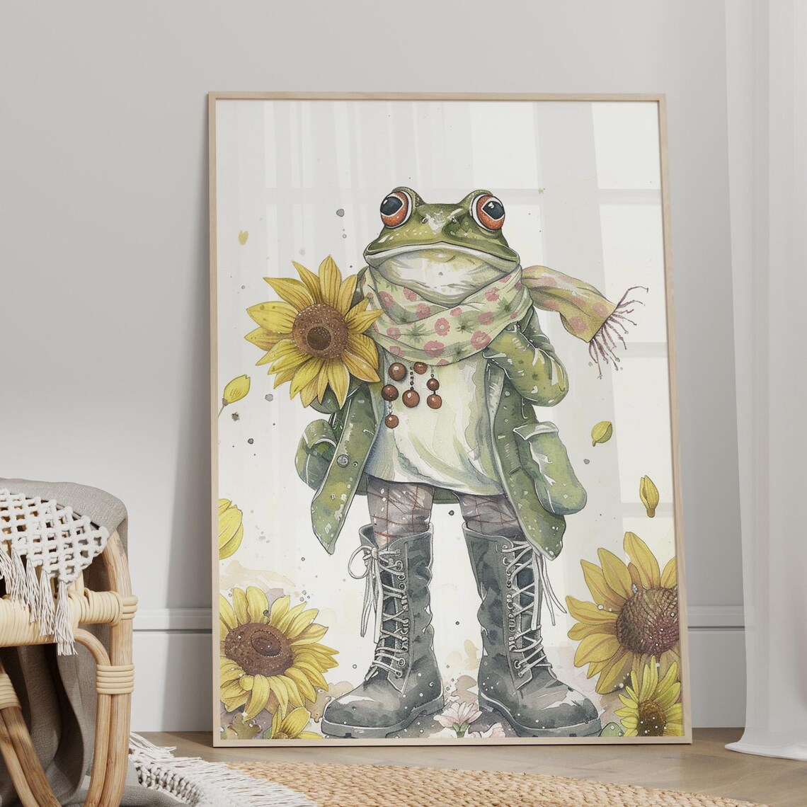Frog Wearing Scarf And Boots With Sunflowers Watercolor Poster