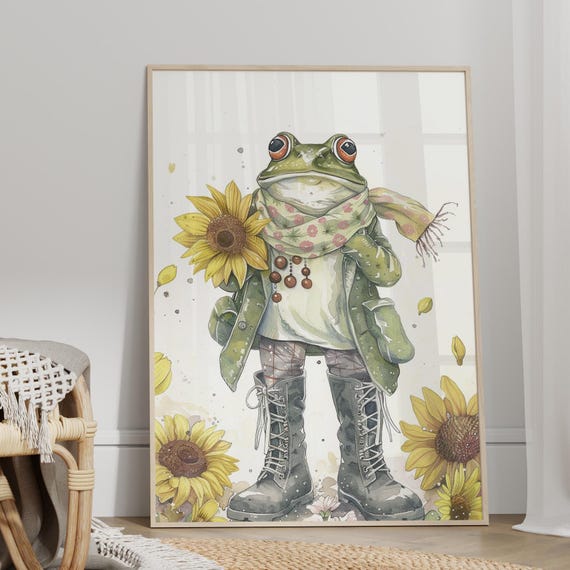 Frog Poster Artful Watercolor Sunflower Dorm Decor Art Print Or Canvas Funny Animal Painting Gifts For Teen Nursery