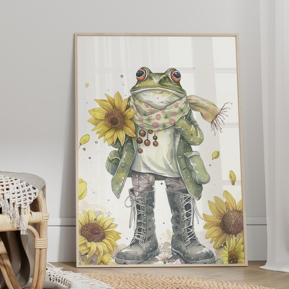 Frog Wearing Scarf And Boots With Sunflowers Watercolor Poster