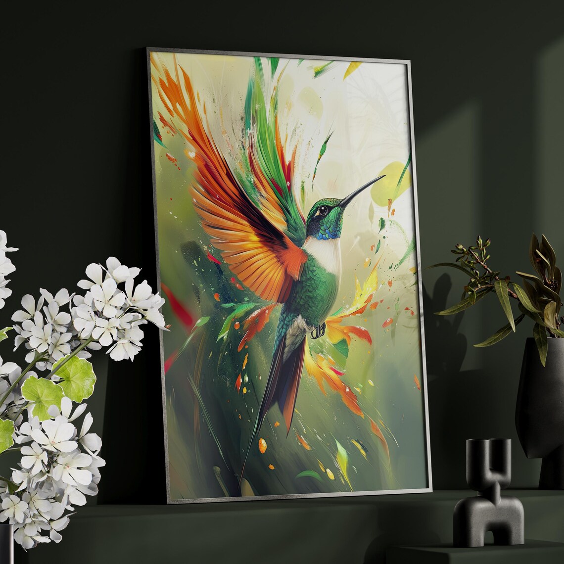 Vibrant Hummingbird In Flight Colorful Bird Modern Wildlife Art Poster