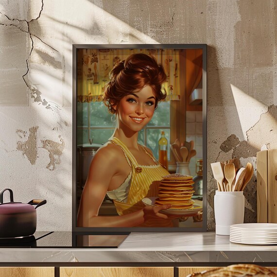 Retro Diner Woman in Red Dress Holding Pancakes Vintage Poster