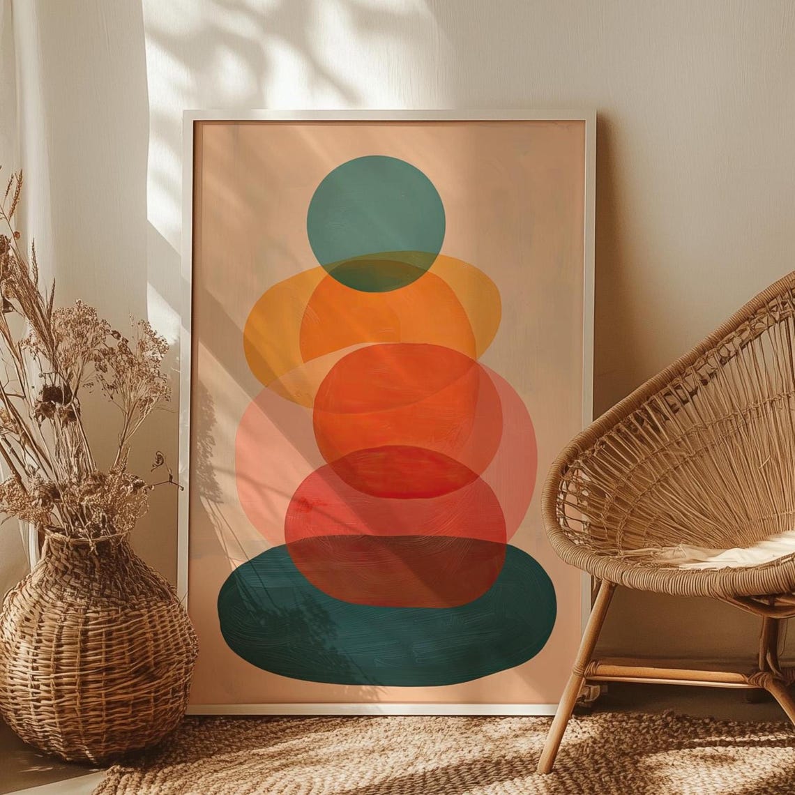 Boho Overlapping Colorful Ovals Teal Orange Mid Century Art Poster