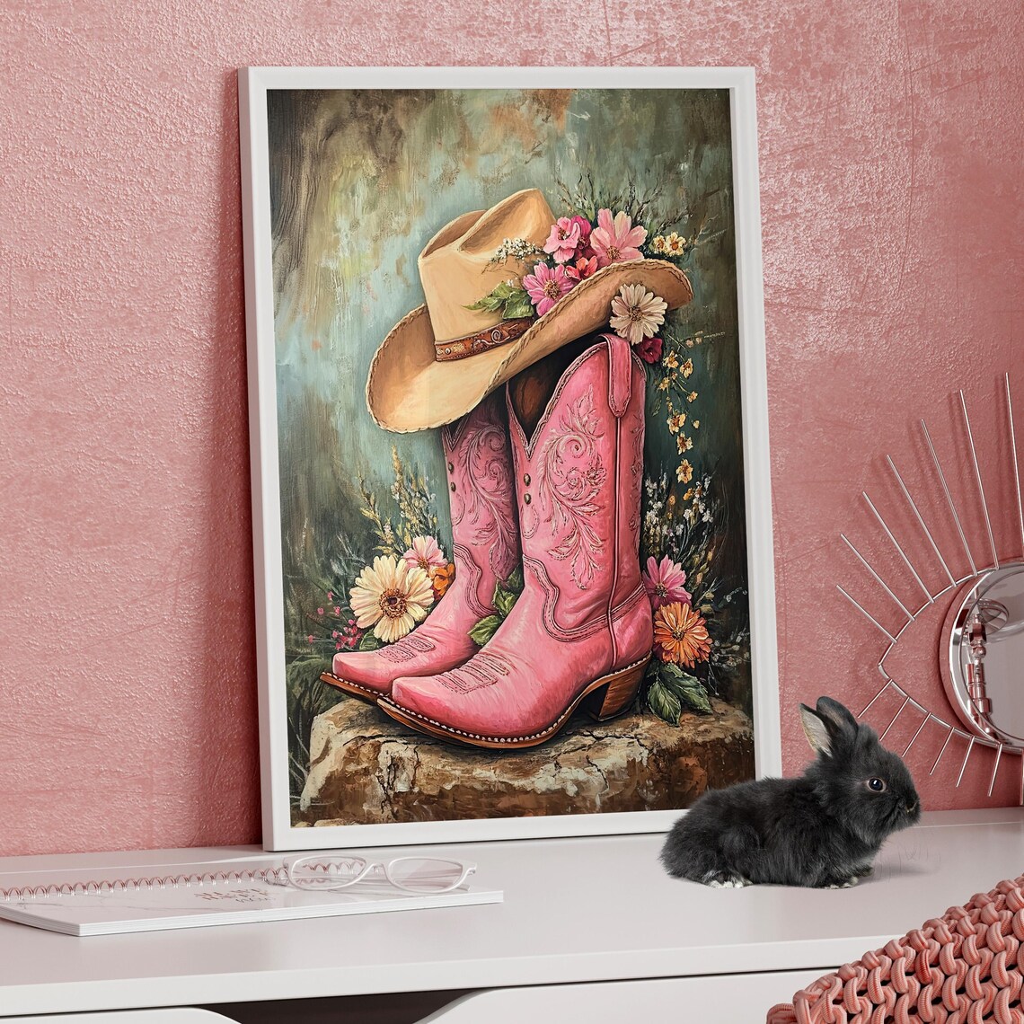 Pink Cowgirl Boots Floral Cowboy Hat Western Oil Painting Poster
