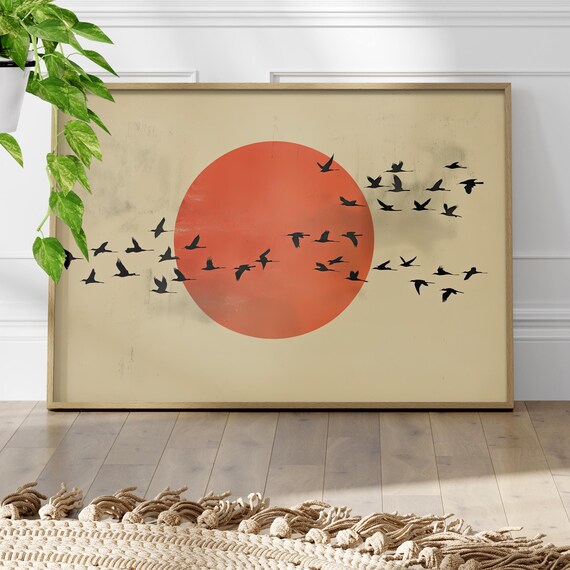 Rising Red Sun with Flying Birds Japandi Minimalist Decor Poster