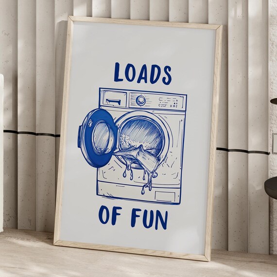 Playful Loads of Fun Vintage Washing Machine Blue Line Art Poster