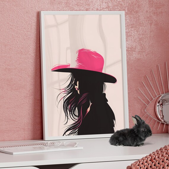 Cowgirl In Pink Hat Silhouette Coastal Western Style Wall Art