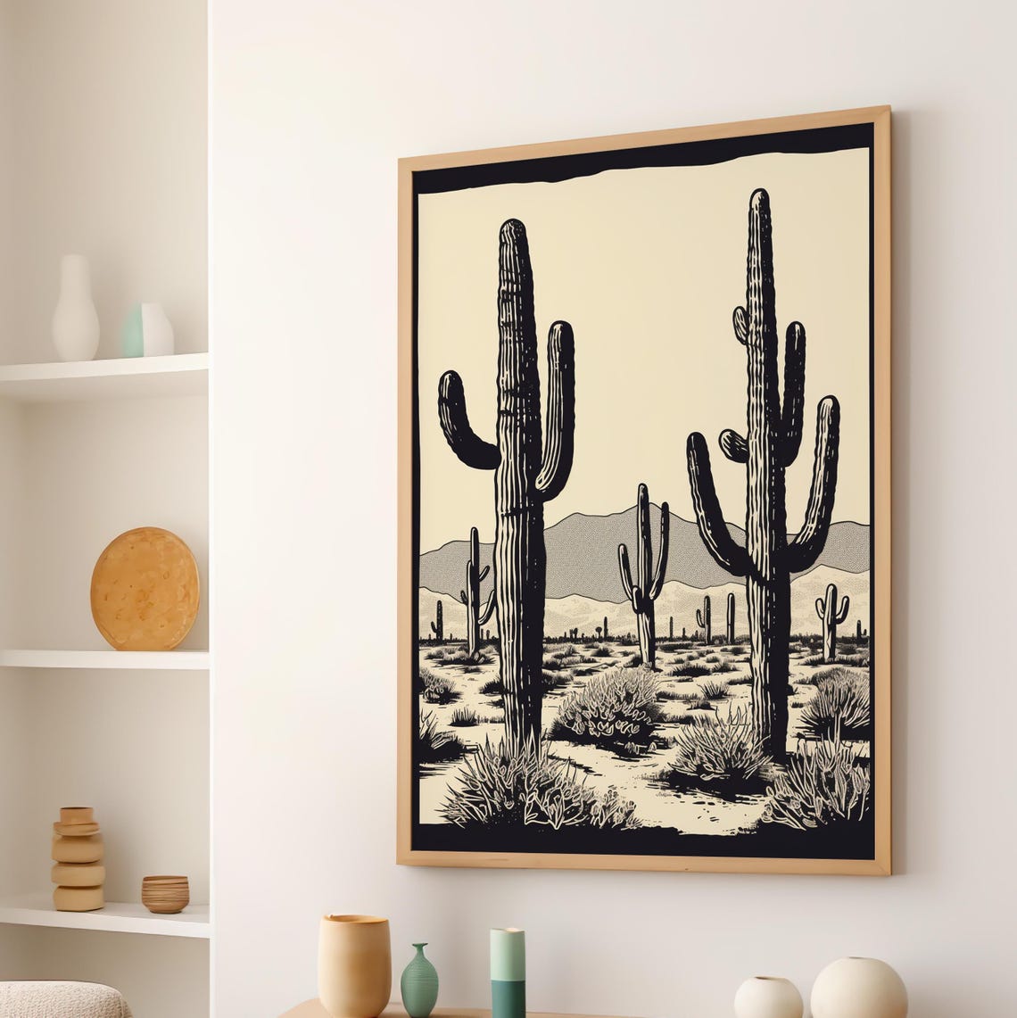 Black And White Desert Landscape With Saguaro Cactus Art Poster
