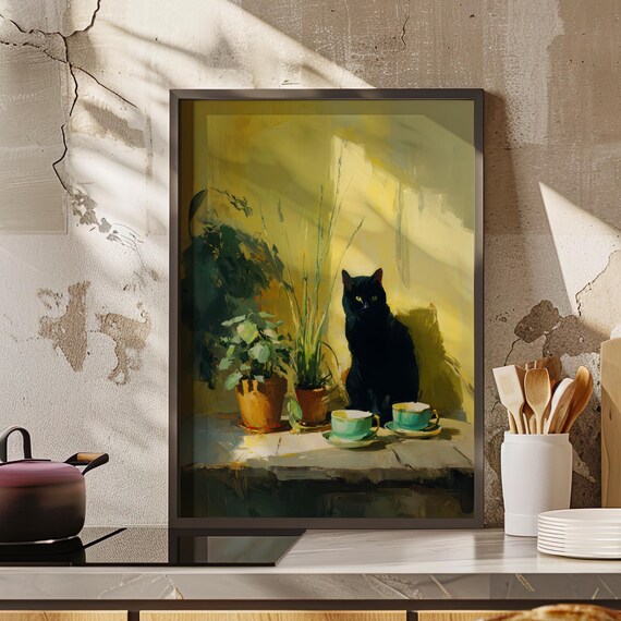 Moody Black Cat and Coffee Cups Cozy Kitchen Still Life Wall Art
