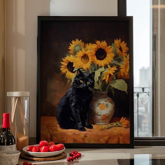 Claude Monet Sunflowers Cat Print Or Canvas Poster Mom Art Blooming Floral Painting Funny Famous Lovers Gift Mama Decor
