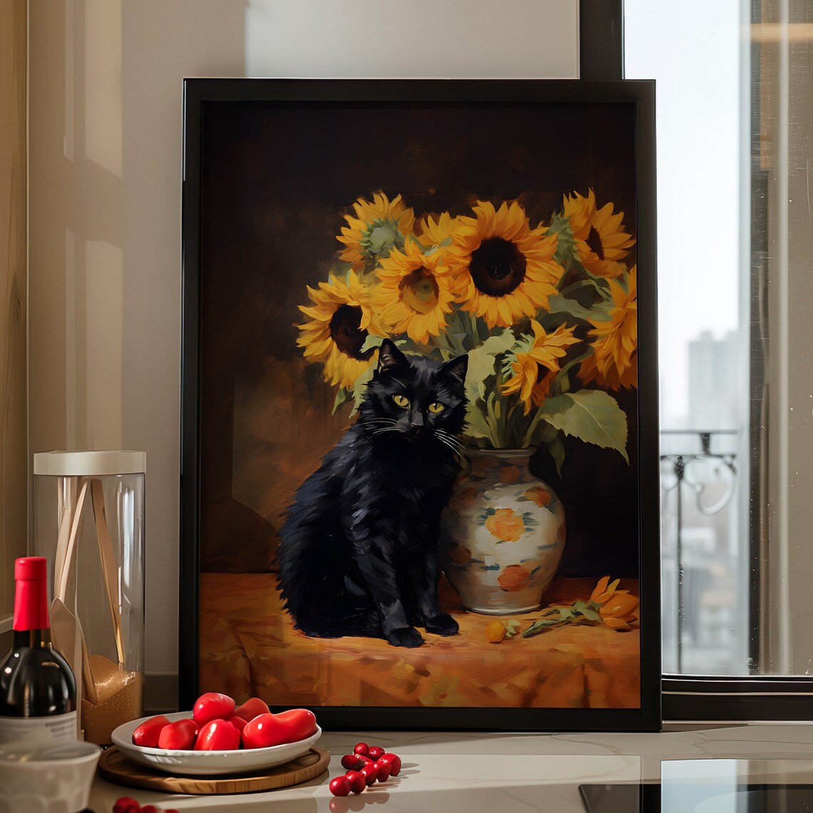 Black Cat with Sunflowers in a Moody Classical Oil Painting Poster
