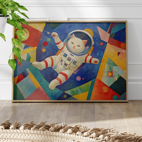 Astronaut Cat Floating in Colorful Geometric Space Art Poster