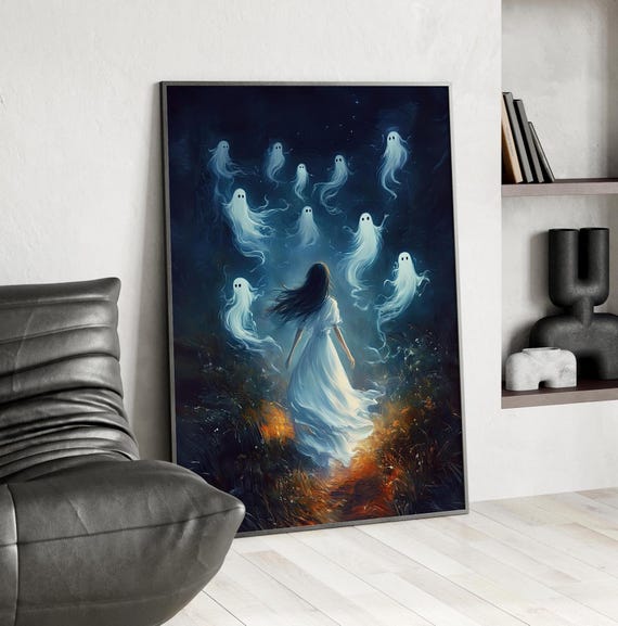 Girl In White Dress With Friendly Ghosts Oil Painting Poster Or Canvas Lady The Meadow Night Art Print Magical Halloween Wall Decor
