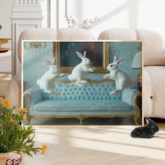 Playful Cute Rabbits Jumping On A Vintage Sofa Painting Poster Or Canvas Print Style Nursery Wall Decor Whimsy Bunnies Art
