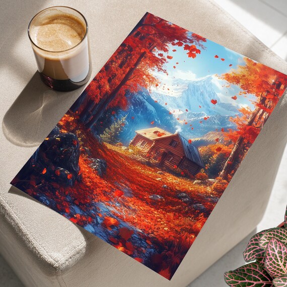 Autumn Cabin Among Red Maples Mountain View Cozy Fall Poster