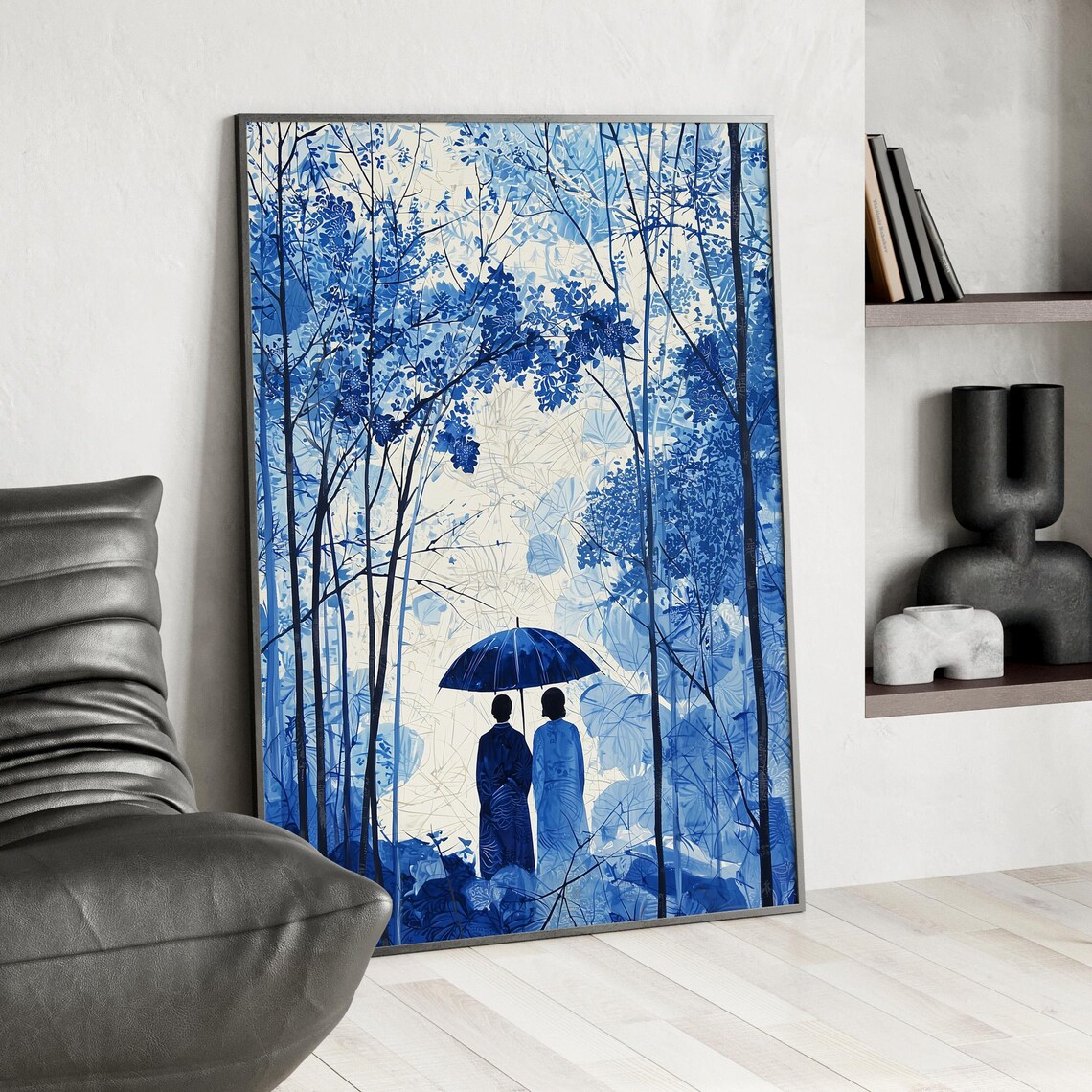 Blue Forest Umbrella Couple Monochrome Asian Landscape Painting Print - Image 3