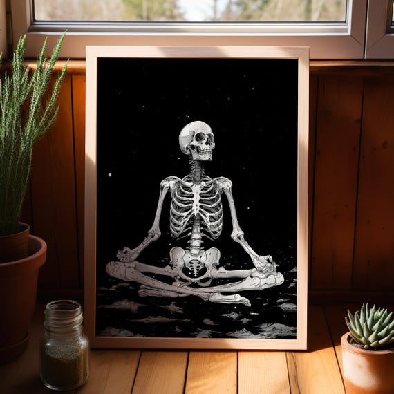 Meditating Human Skeleton Dark Wall Art Poster Or Canvas Print Funny Academia Halloween Decor Whimsigoth Moody Black