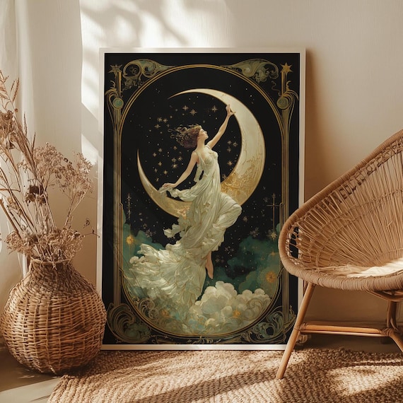 Art Nouveau Moon Goddess Celestial Crescent Night Sky Wall Poster