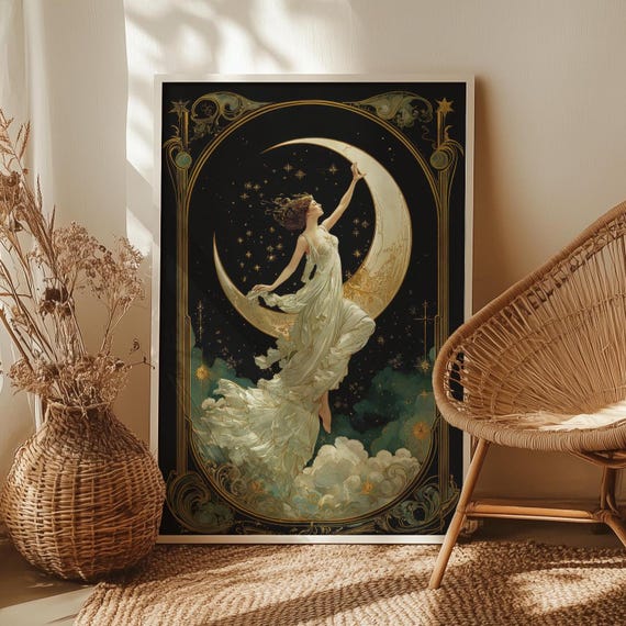 Moon Goddess Wall Art Poster Or Canvas Print Vintage Nouveau Mystical Celestial Crescent Woman Witchy Lunar Home Decor