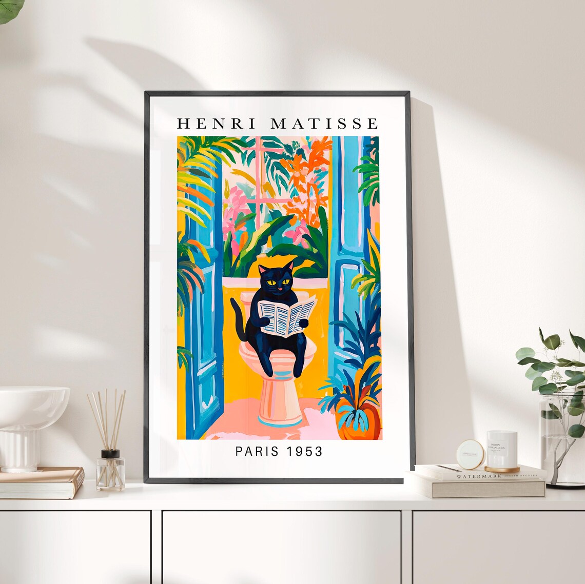Henri Matisse Style Black Cat on Toilet Funny Bathroom Poster
