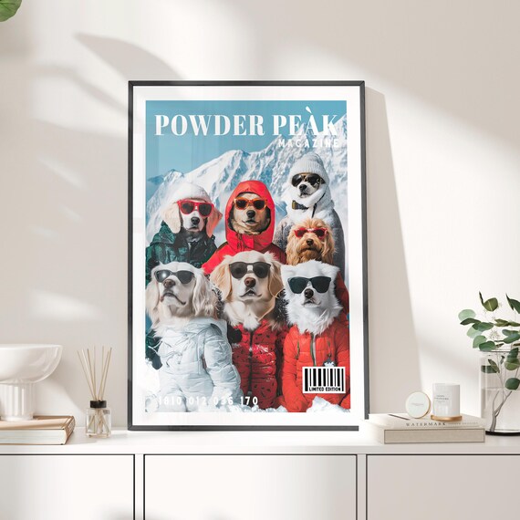Powder Peak Magazine Dogs in Ski Gear Funny Winter Ski Poster