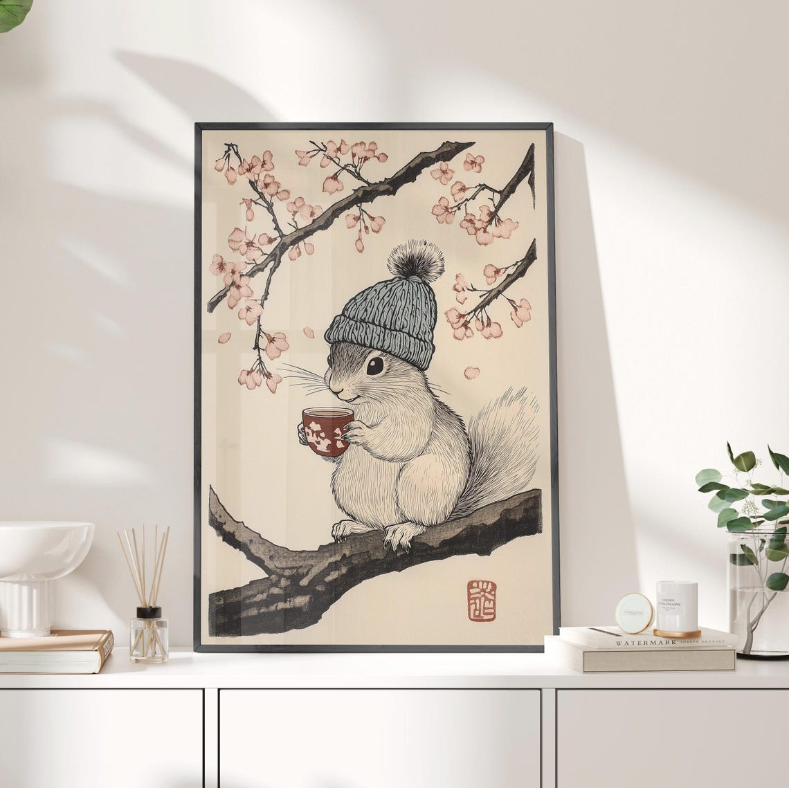 Cute Squirrel with Beanie Drinking Tea Cherry Blossom Japanese Poster - Image 4