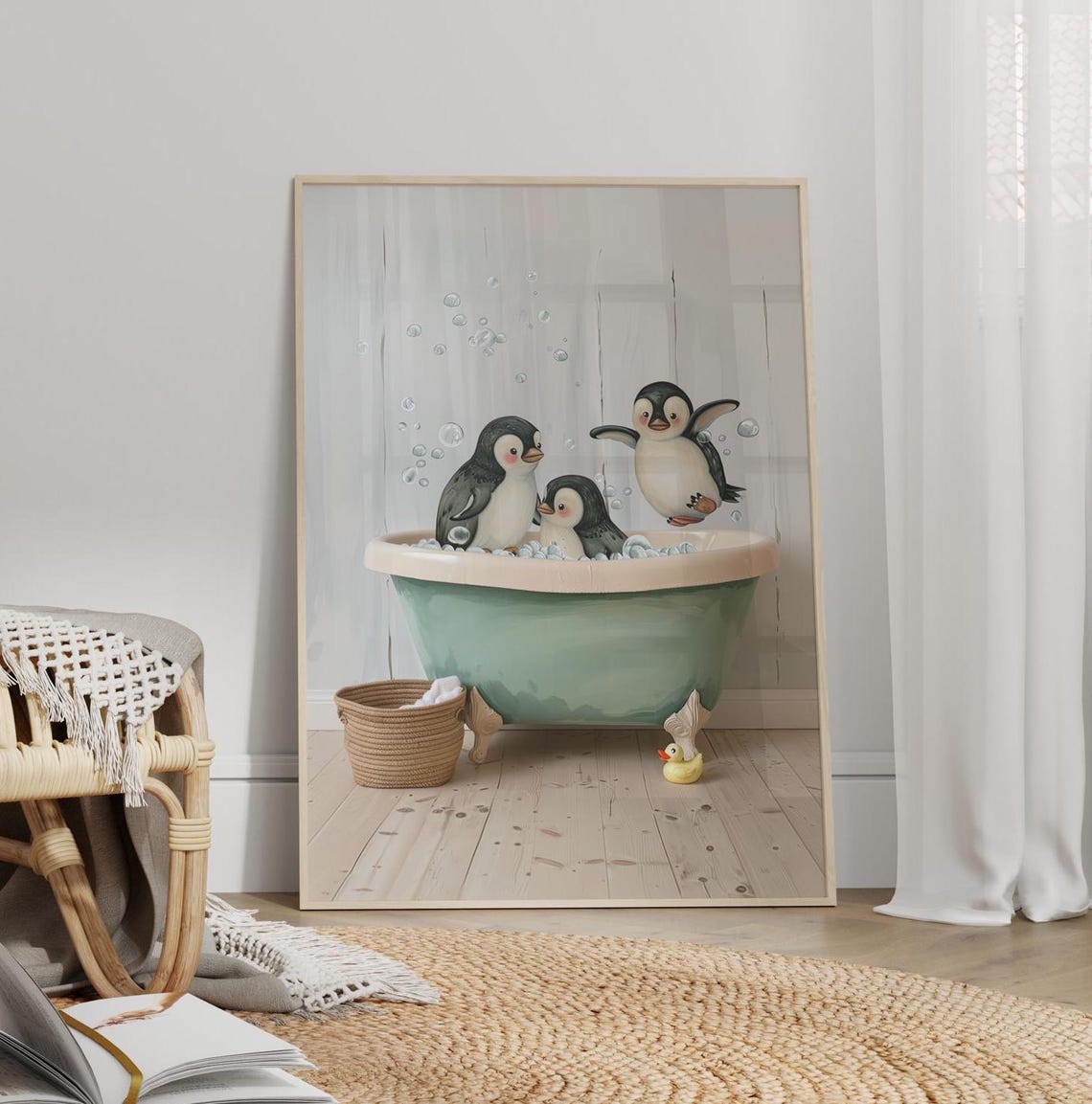 Three Cute Penguins Splashing in a Vintage Bathtub Bathroom Poster
