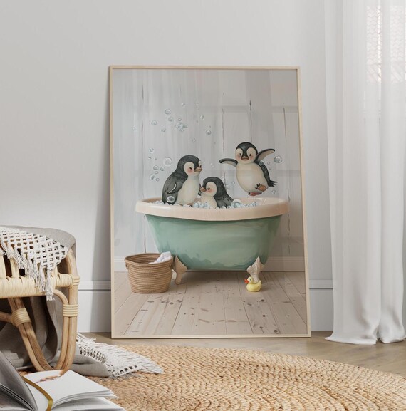 Three Cute Penguins Splashing in a Vintage Bathtub Bathroom Poster