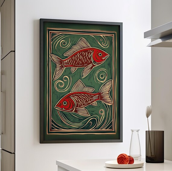 Red Fish Linocut Print Style Art Poster Or Canvas Japanese Inspired Minimalist Wall Ocean Wood Block Folk