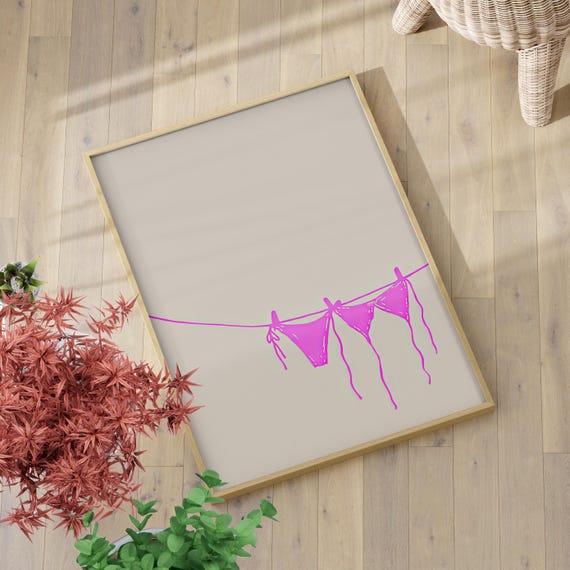 Pink Bikini Clothesline Wall Art Poster Or Canvas Print Coastal Cowgirl Beach Minimalist Retro Summer Funny Laundry Room Decor