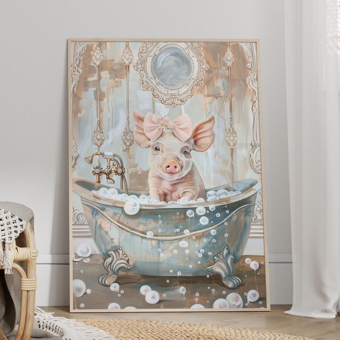 Piglet In A Bubble Bathtub With Pink Bow Whimsical Nursery Poster