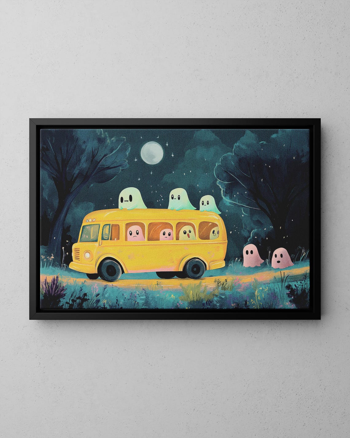 Cute School Bus Picking Up Little Ghosts Halloween Illustration Poster