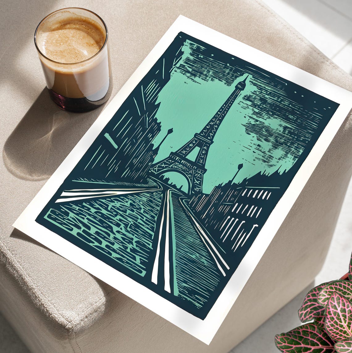 Eiffel Tower Paris Linocut Teal Urban Skyline Art Deco Style Poster