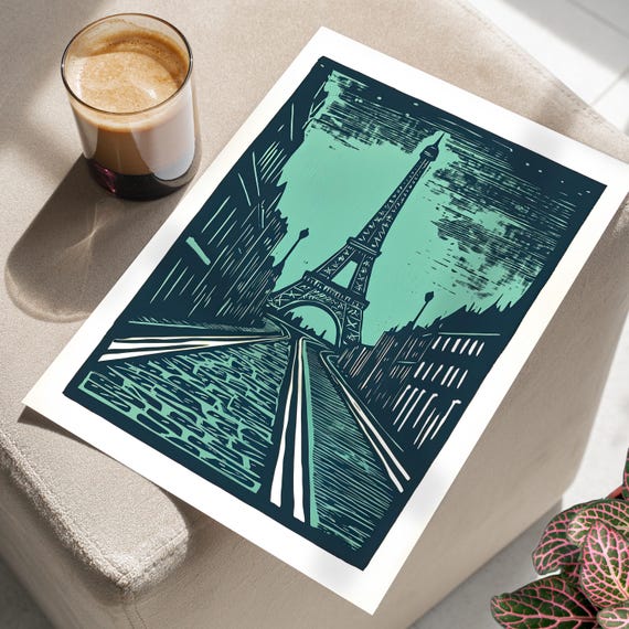 Eiffel Tower Paris Linocut Teal Urban Skyline Art Deco Style Poster