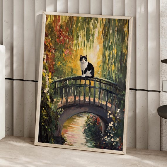 Cat Sitting On The Bridge In Monets Garden Oil Painting Poster Or Canvas Print Botanical Impressionism Style Art Abstract Floral Greenery