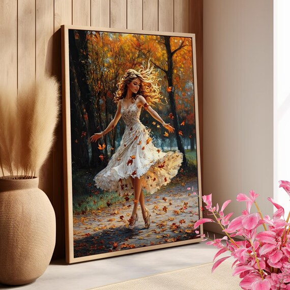 Woman Dancing in Autumn Forest Fall Leaves Graceful Wall Art