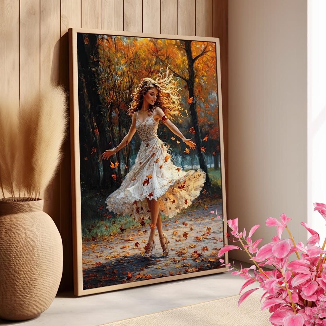 Woman Dancing in Autumn Forest Fall Leaves Graceful Wall Art